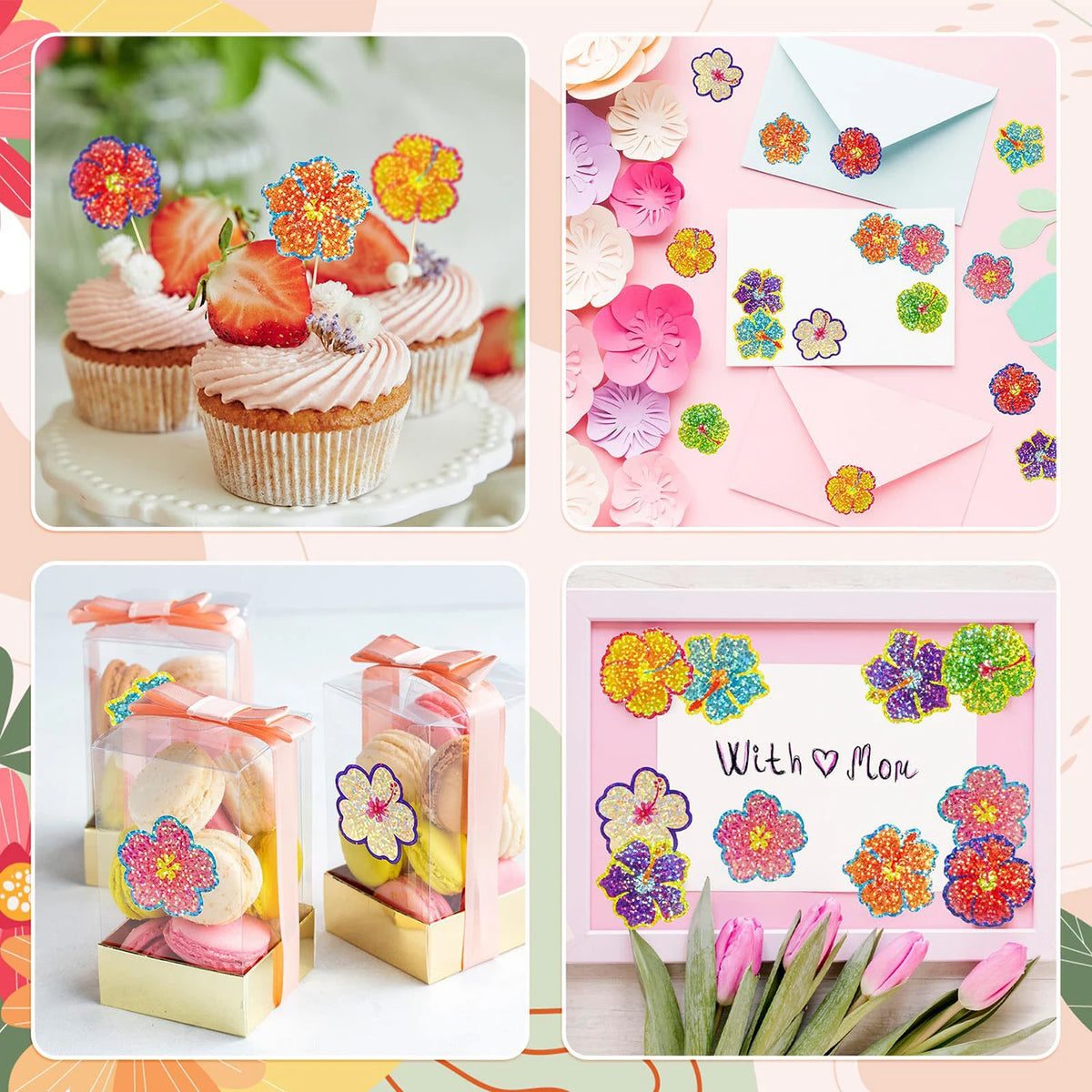 A collection of glitter flower round stickers in various colors and shades for crafting and decoration.