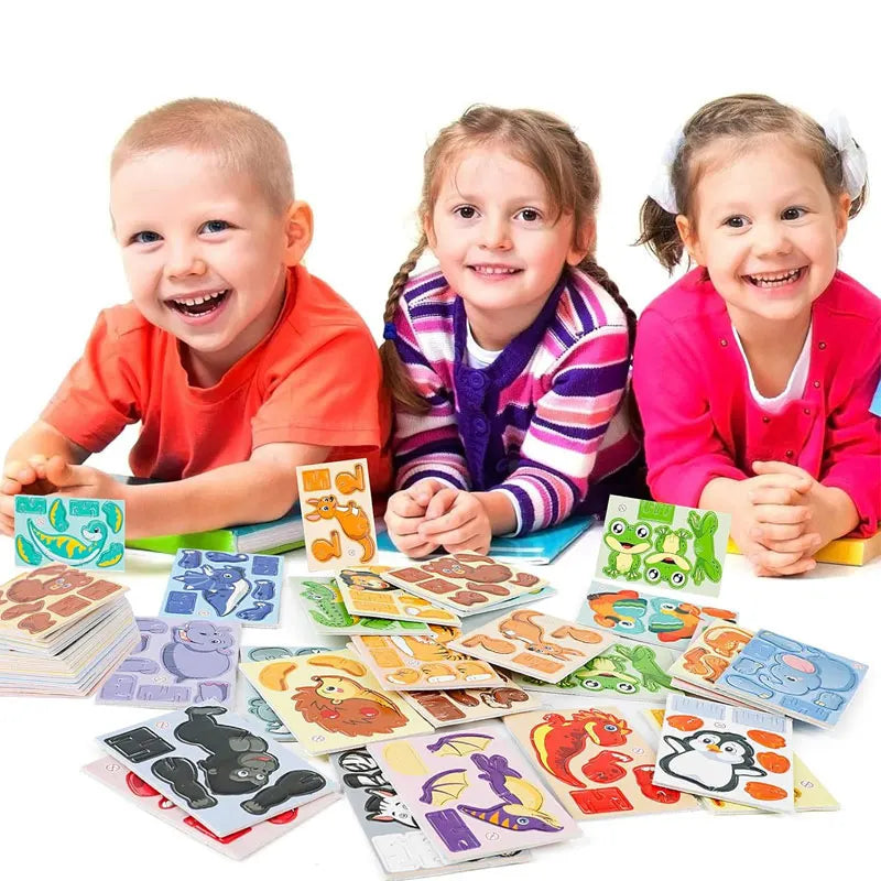 Three smiling children holding and interacting with a colorful 3D foam animal puzzle set for kids