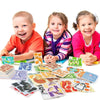 Three smiling children holding and interacting with a colorful 3D foam animal puzzle set for kids