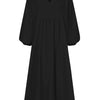 A black women's cotton-linen blend dress with a V-neck and bell sleeves.