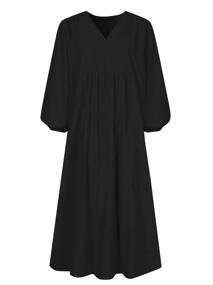 A black women's cotton-linen blend dress with a V-neck and bell sleeves.