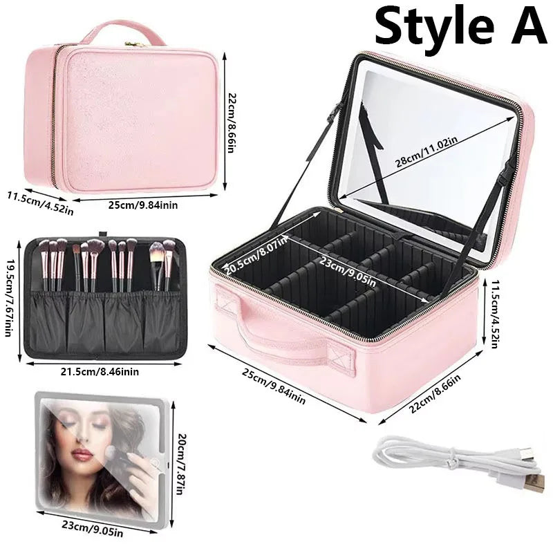 Pink PU leather makeup case with mirror and organizer inside, shown open and closed.