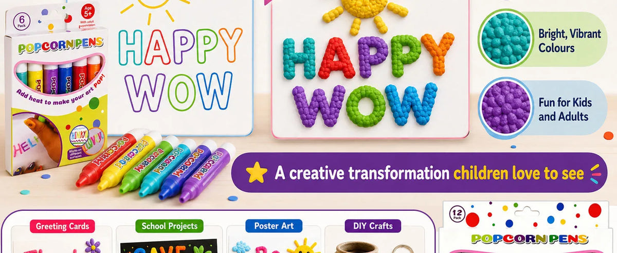 A set of Magic Popcorn Pens showing colorful 3D puffy textured drawings for cards and crafts.