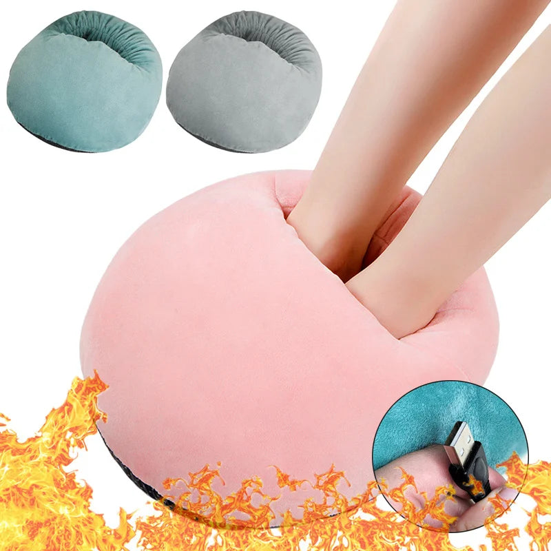 A pink heated foot warmer device is shown with accompanying soft fleece covers and flames in the background.