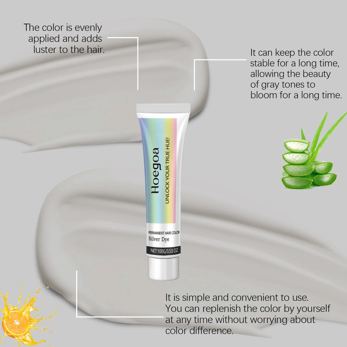 A tube of Hoegoa Silver Dye permanent hair color cream shown next to a swatch of gray hair.