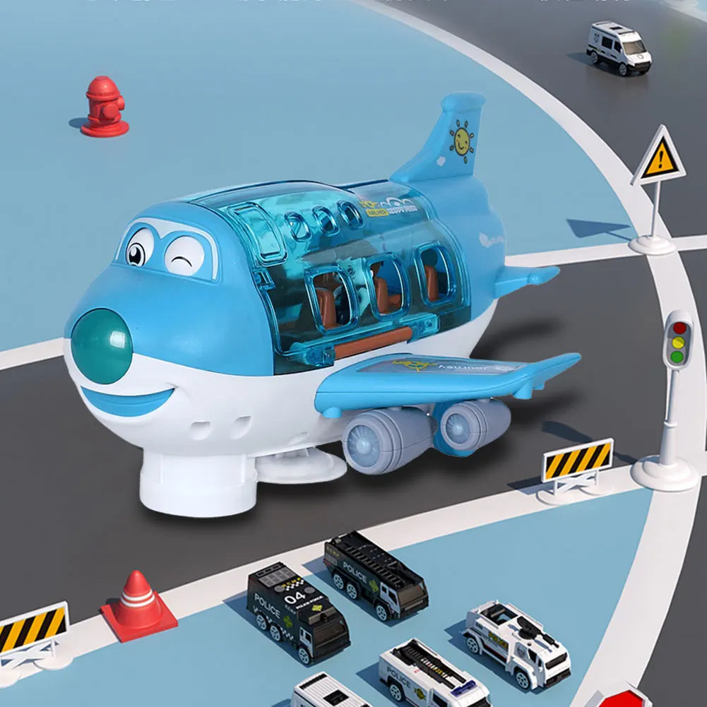 A blue electric airplane toy with lights and music flying over a gray road with traffic cones and emergency vehicles.