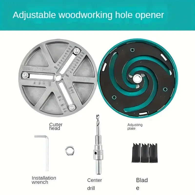 Adjustable woodworking hole opener kit showing a cutter head, adjusting plate, center drill, and blade.