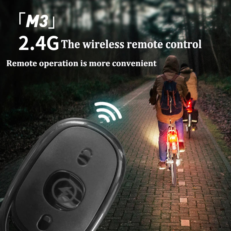 A wireless remote control device is shown next to a bicycle on a paved road with trees in the background.