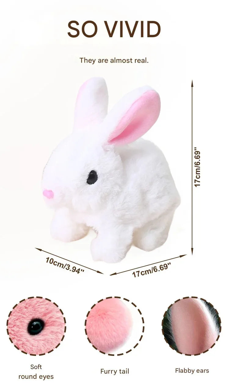 White plush bunny toy with pink ears, soft round eyes, furry tail, and floppy ears.