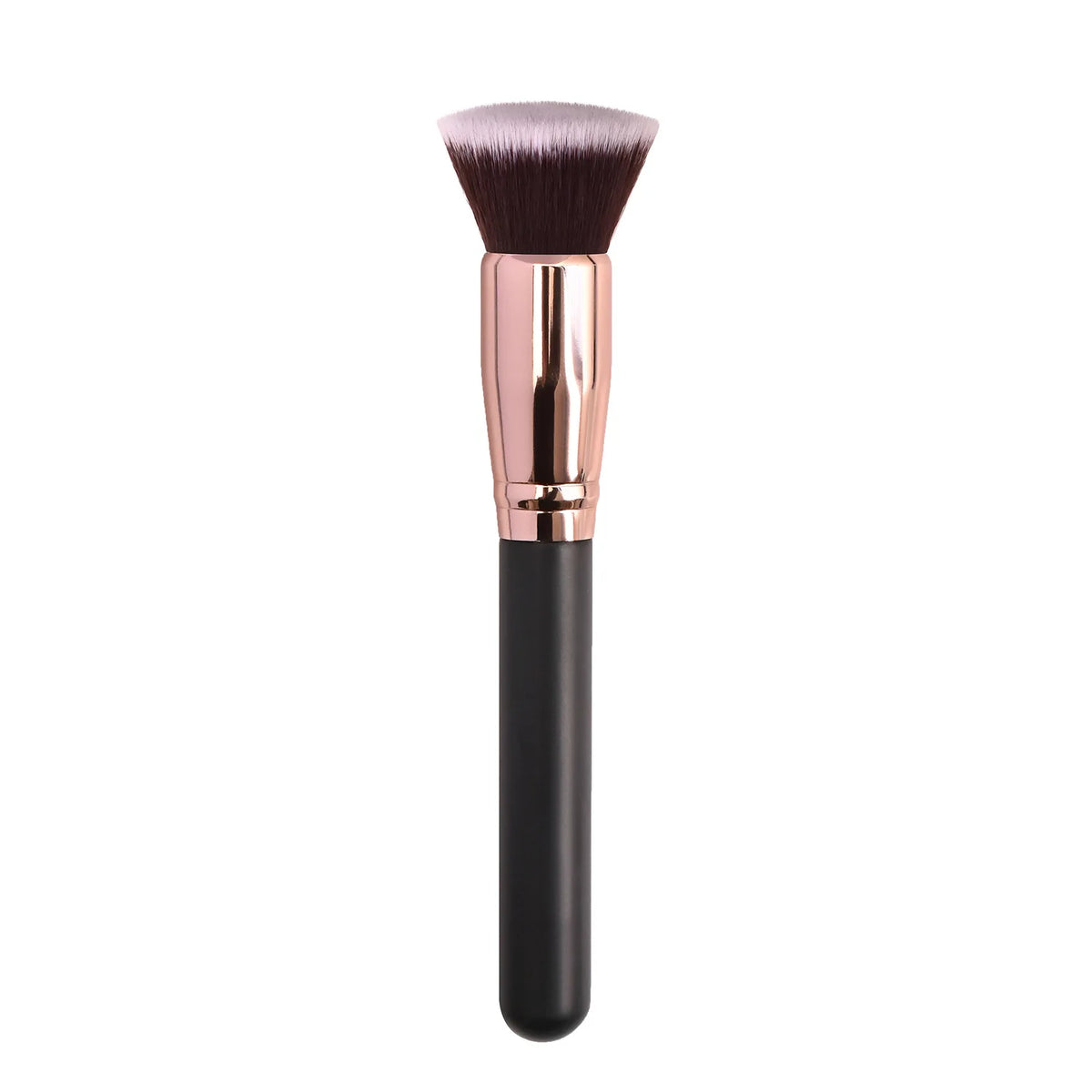 A professional makeup brush with a pink ferrule and black handle for foundation, concealer, and blush application.
