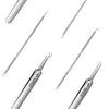A set of stainless steel precision tools for acne and blackhead removal, shown in various angles.