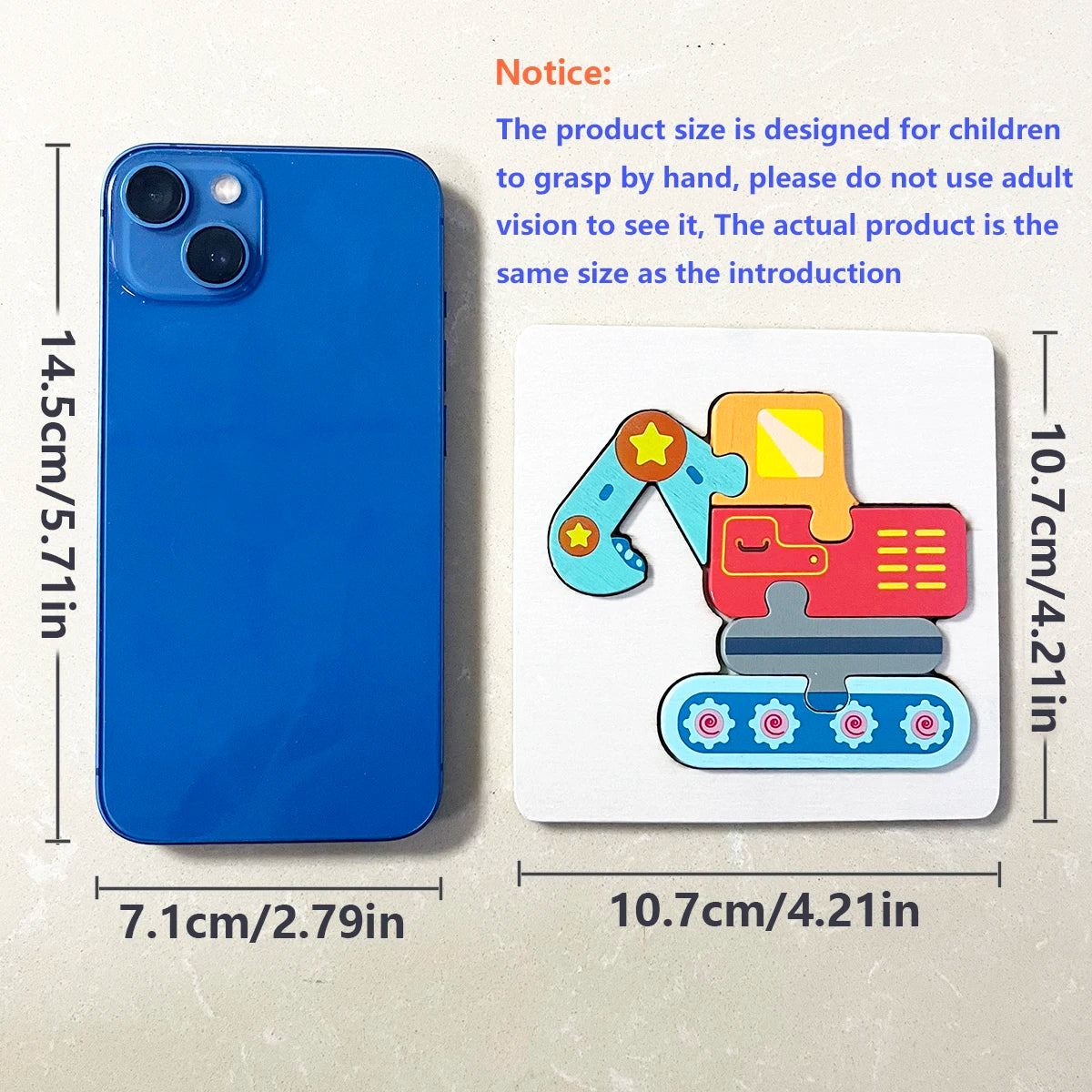 A blue smartphone next to a wooden 3D animal jigsaw puzzle for kids.