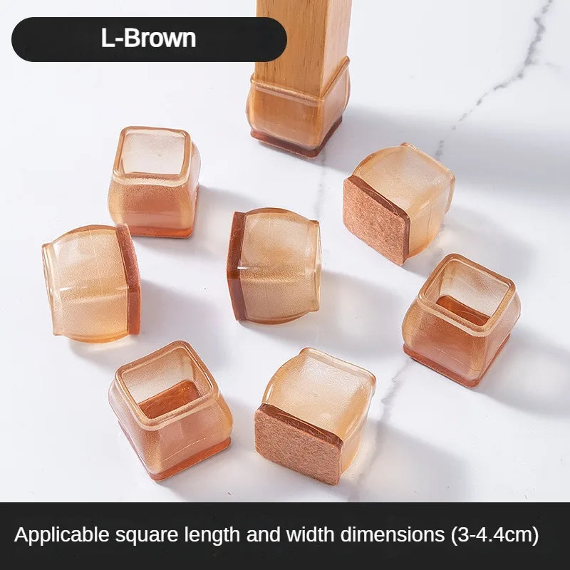 L-Brown silicone furniture leg pads with felt bottoms for scratch protection, shown in various square sizes.