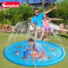 A child is playing on a blue inflatable water sprinkler mat outdoors with an adult nearby.