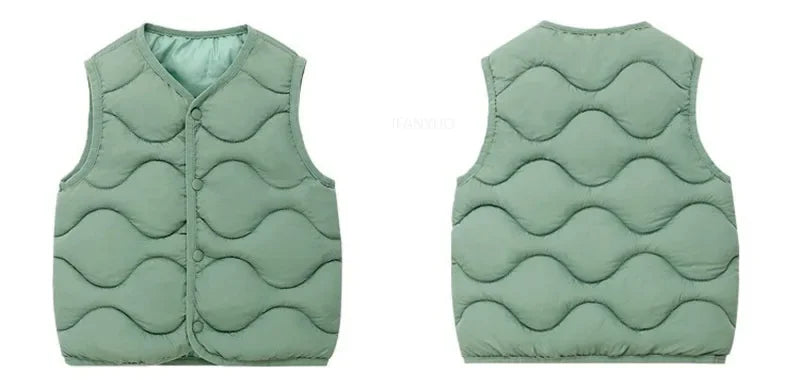 A light sage green quilted vest for children.
