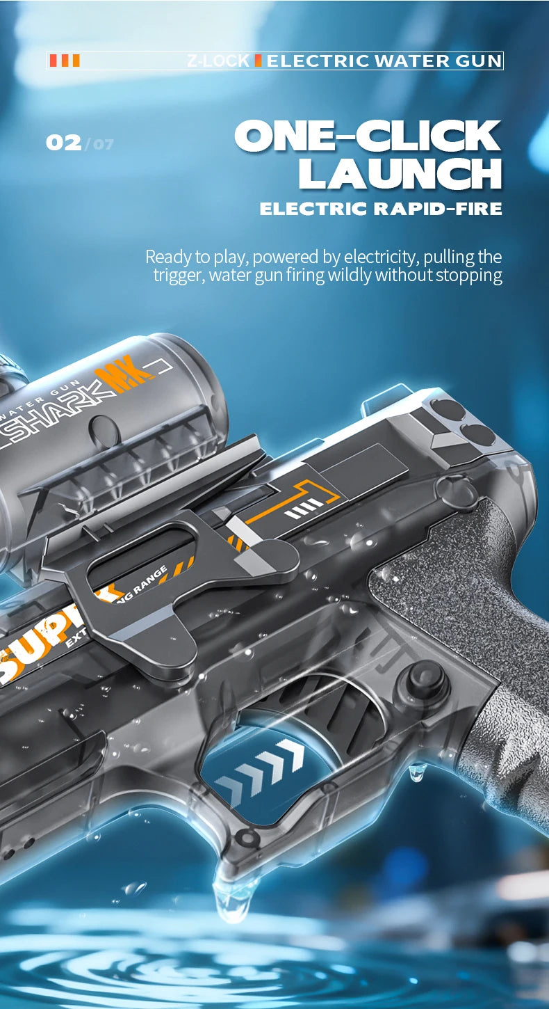 Close-up of a black electric water gun with an orange trigger and sensor lights, ready to fire.
