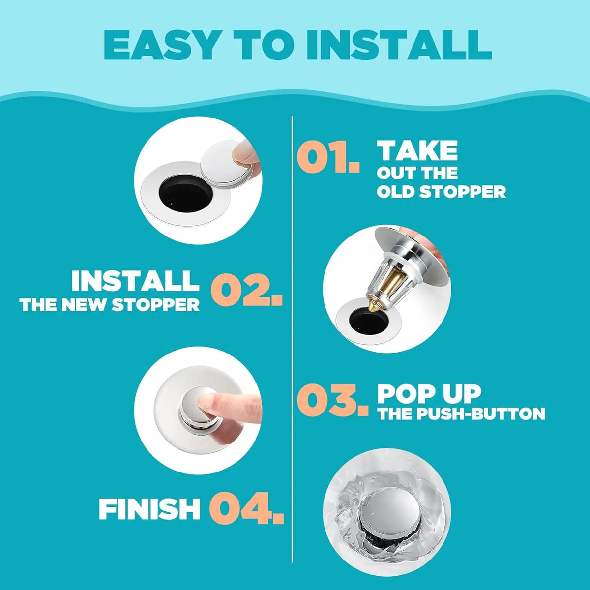 Instructions for easily installing a new push-type drain stopper in a sink or bathtub.