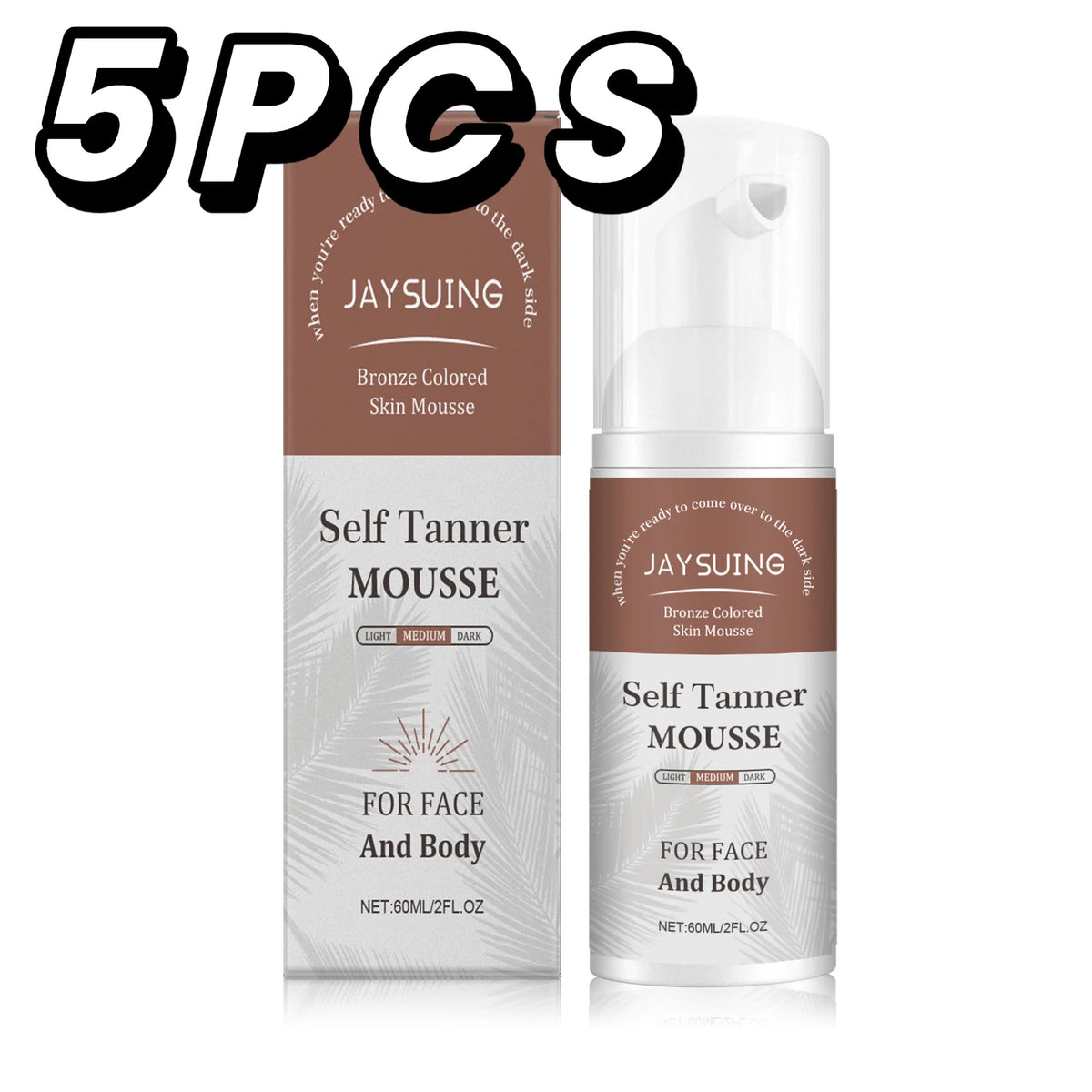 A bottle of Jaysuing Self Tanner Mousse for face and body, packaged in a brown box.