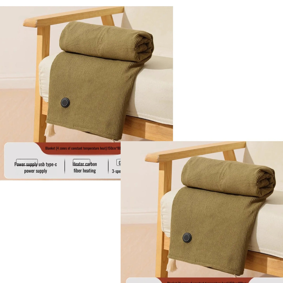 A beige portable heated shawl or wearable electric blanket with a button closure displayed on a wooden stand.