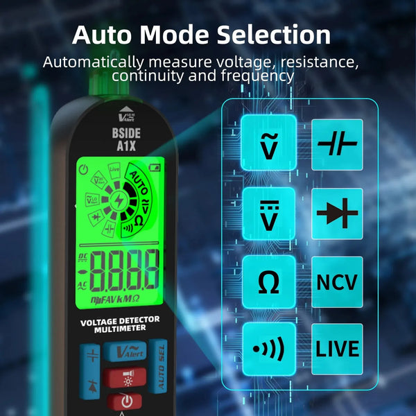 A digital multimeter device showing auto mode selection for measuring voltage, resistance, continuity, and frequency.