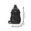 Black men's versatile crossbody backpack shown from the back with dimensions.