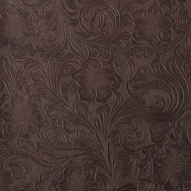 Dark brown vintage floral textured faux leather fabric with intricate embossing