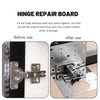 Before and after images showing a hinge repair board used to convert a fixed force point into a stronger stress surface for s