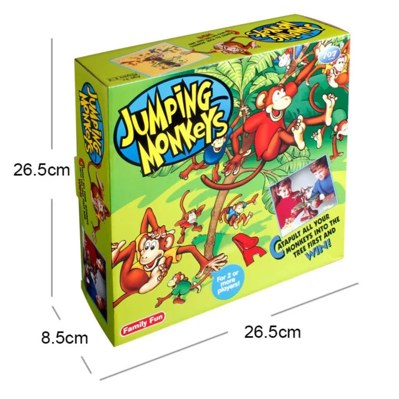 Caja de juego de mesa Monos Saltarines trepando un árbol con monos y un árbol.