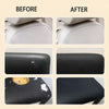 Before and after comparison showing a repair patch applied to a black PU leather surface.