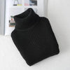 A black knit turtleneck sweater for kids displayed on a white surface.