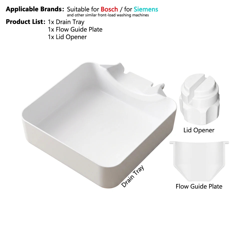 White washing machine filter drain tray and flow guide plate for Bosch or Siemens front-load washing machines