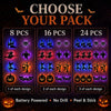Halloween LED-väggdekalset med glödande silhuetter av kusliga motiv, i 8, 16 och 24 delar