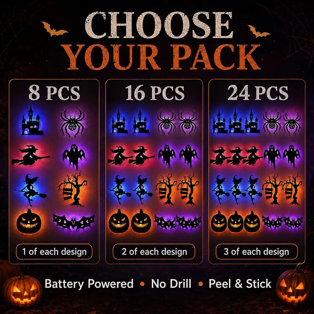 Uppsättning av LED-väggdekorationer med självlysande Halloween-silhuetter, paket med 8, 16 eller 24 delar.