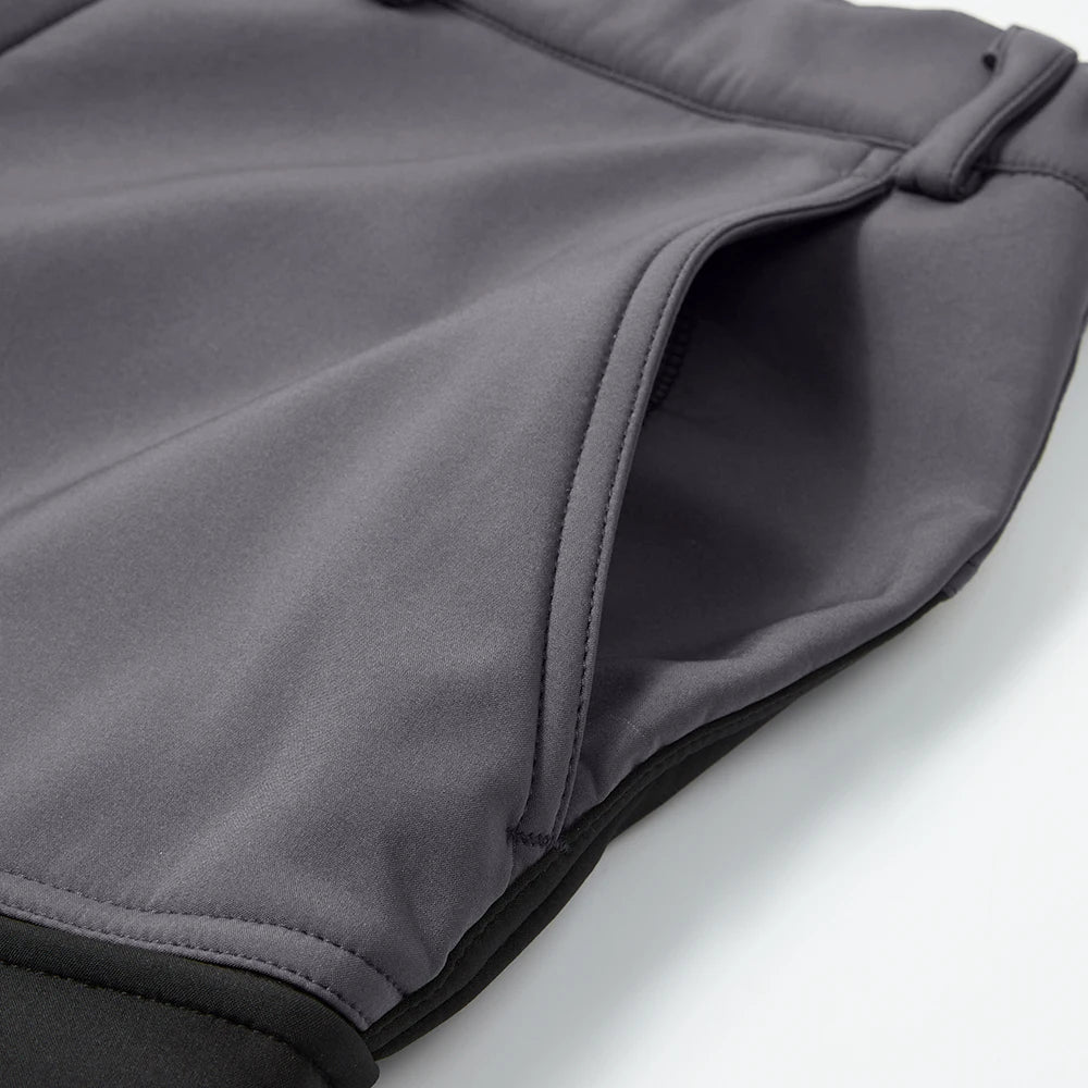 Gray men's waterproof insulated fleece pants shown from the side.