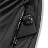 A close-up of black men's high-stretch joggers showing a zippered pocket with an attached smartphone.