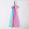 A colorful unicorn mesh headband with pink, blue, and purple iridescent fabric streamers and floral accents.
