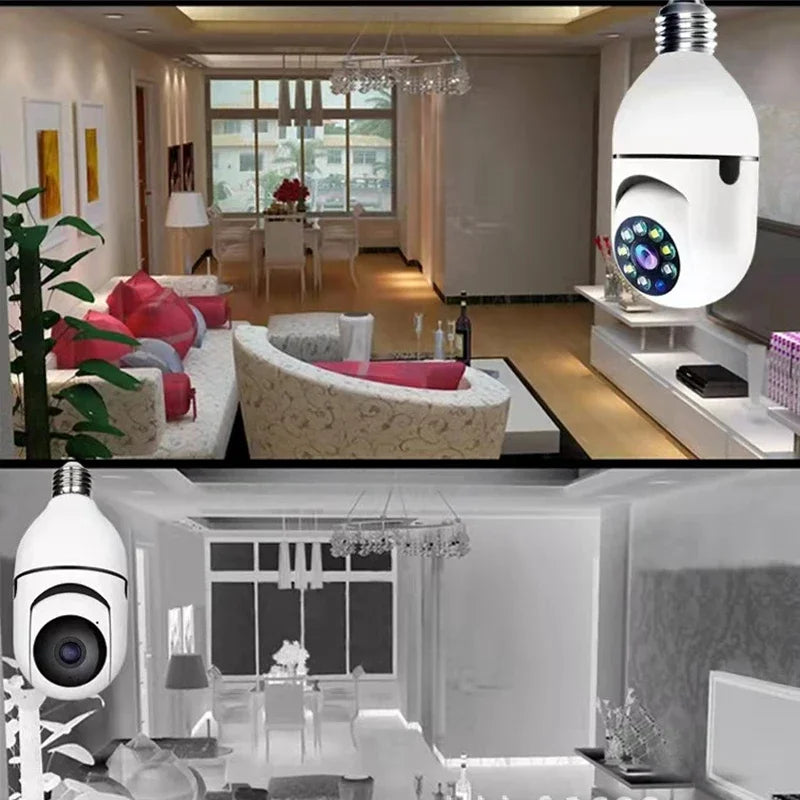 A white smart security camera is shown in a modern living room setting.