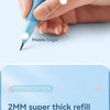 A hand holds a blue pen demonstrating the grip and tip, with text indicating thumb and middle finger placement.