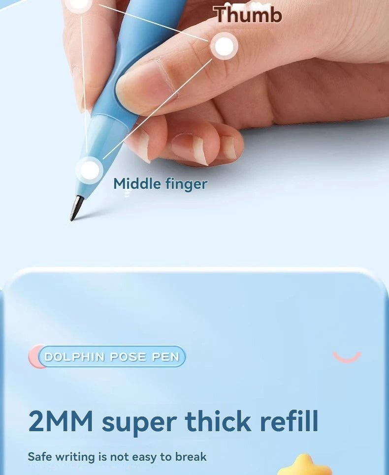 A hand holds a blue pen demonstrating the grip and tip, with text indicating thumb and middle finger placement.