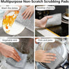 Various uses of multipurpose non-scratch scrubbing pads including washing dishes, stovetop cleaning, vegetable sink, and pots