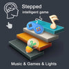 A stepped intelligent game featuring music, games, and lights, including a controller, a light bulb, and musical notes.