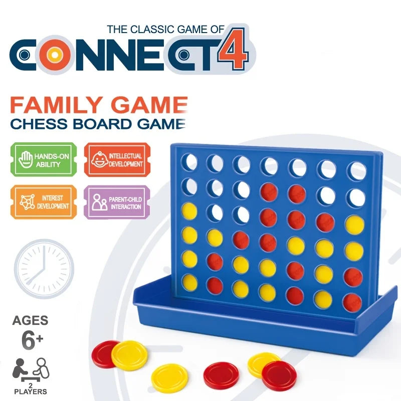 A blue Connect 4 game board with colored discs, showing the classic game of Connect 4 for family and children.