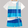 A white t-shirt and matching shorts set featuring horizontal blue and teal color blocks with vertical stripes.