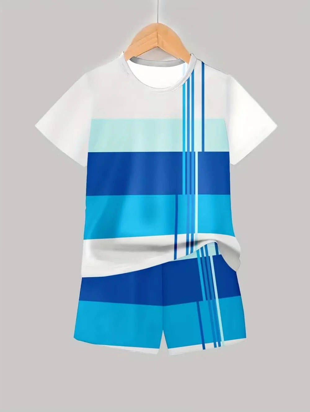 A white t-shirt and matching shorts set featuring horizontal blue and teal color blocks with vertical stripes.