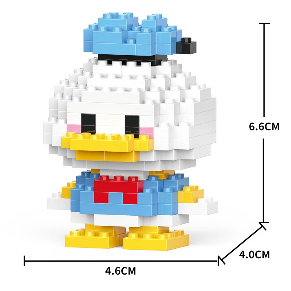 A white and blue micro building block figurine of a duck with yellow beak and red chest.