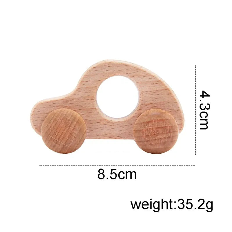 A light wood hand-pushed cart toy for toddlers with a rounded shape and a hole.