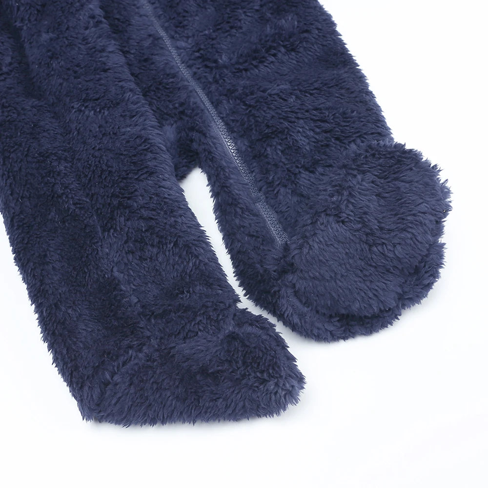 A dark navy blue baby fleece hooded romper with a zipper detail.