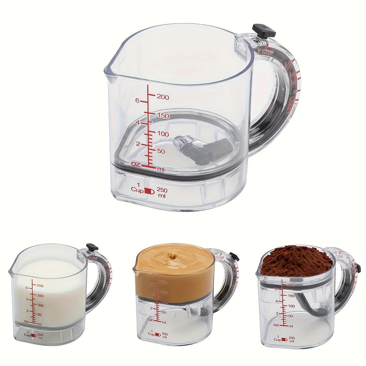 A clear 4-in-1 adjustable measuring cup with a scraper base showing various liquid and dry ingredients.