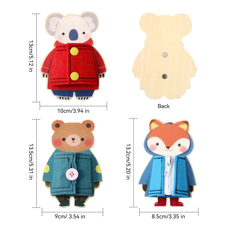 A set of wooden clothing skills boards featuring a red elephant, a yellow bear, and an orange fox.