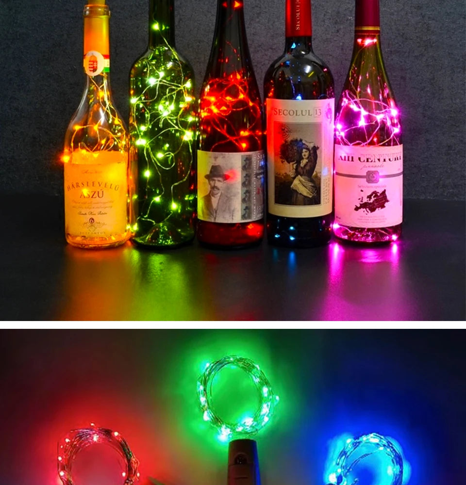 Five bottles of Secolulu liquor illuminated by colorful LED fairy lights